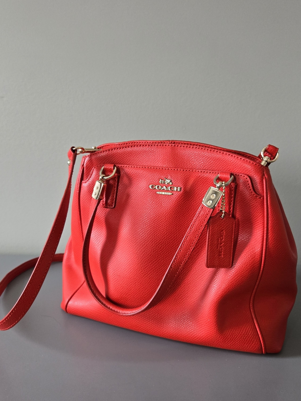 Coach Red Pebbled Leather Satchel with Gold Accents